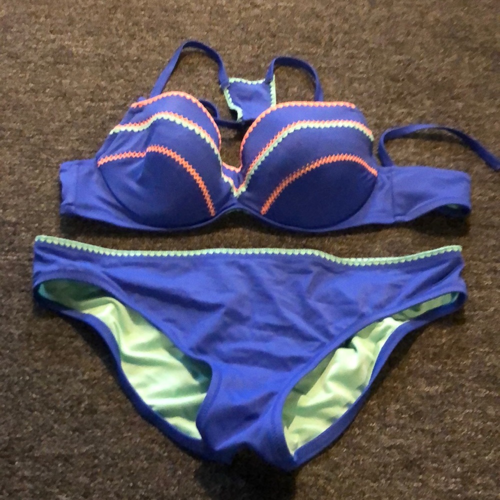 Shade & Shore Brand Bikini Top- 38B & Bottom- XL Blue, Teal, Orange Swimsuit
